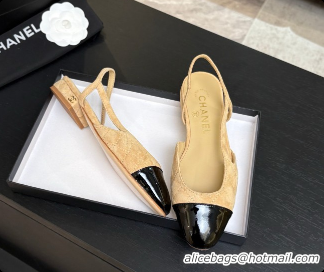 Buy Discount Chanel Quilted Suede & Patent Leather Flat Slingbacks G31319 CH081607 Beige 2026
