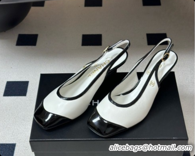 Duplicate Chanel Lambskin & Patent Calfskin Slingbacks 6.5cm Heel CH081714 White 2026