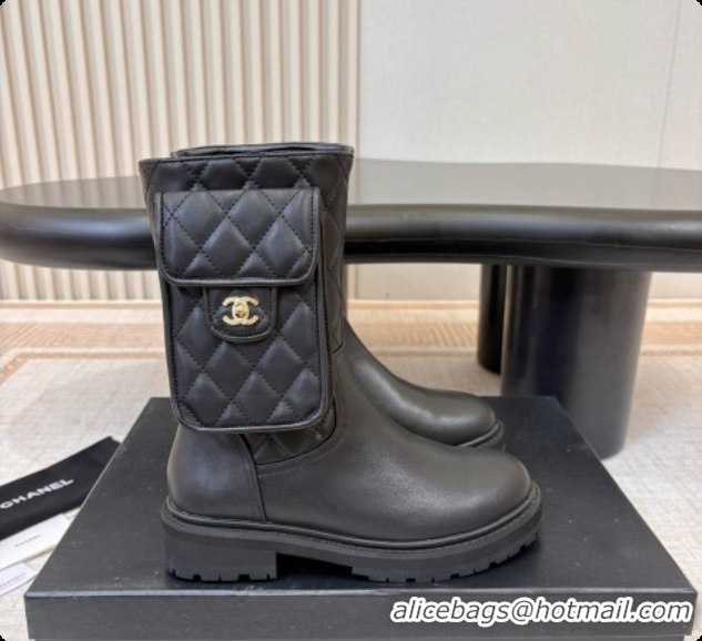 Big Discount Chanel Calfskin Short Boots with Pocket CH081735 Black 2026