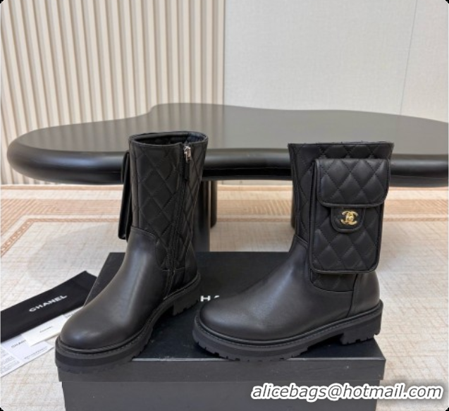 Big Discount Chanel Calfskin Short Boots with Pocket CH081735 Black 2026