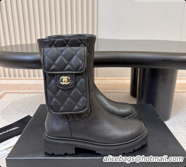Big Discount Chanel Calfskin Short Boots with Pocket CH081735 Black 2026