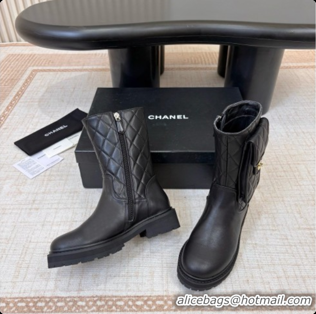 Big Discount Chanel Calfskin Short Boots with Pocket CH081735 Black 2026