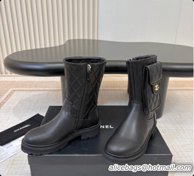 Big Discount Chanel Calfskin Short Boots with Pocket CH081735 Black 2026