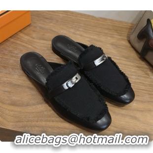 Pretty Style Hermes Oz Mule in Calfskin & Canvas H080521 Black 2026