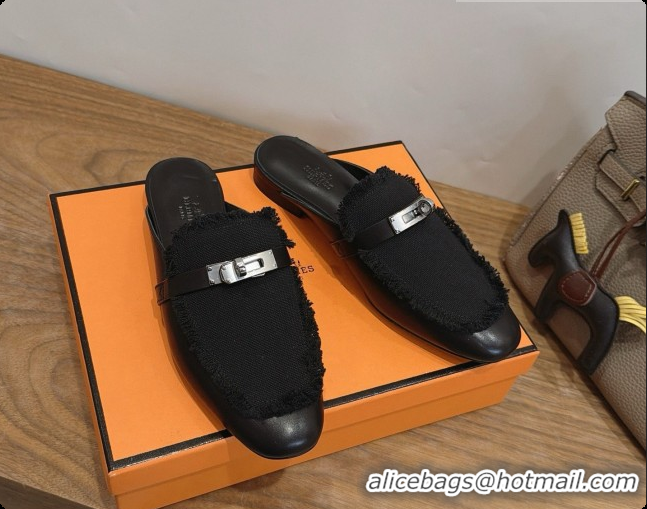 Pretty Style Hermes Oz Mule in Calfskin & Canvas H080521 Black 2026