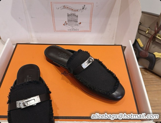 Pretty Style Hermes Oz Mule in Calfskin & Canvas H080521 Black 2026