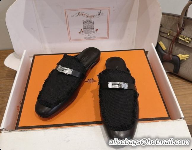 Pretty Style Hermes Oz Mule in Calfskin & Canvas H080521 Black 2026