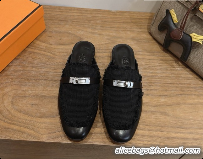 Pretty Style Hermes Oz Mule in Calfskin & Canvas H080521 Black 2026