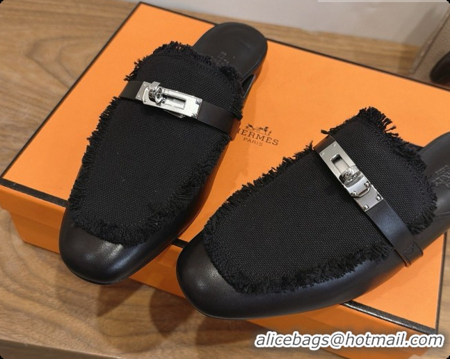 Pretty Style Hermes Oz Mule in Calfskin & Canvas H080521 Black 2026