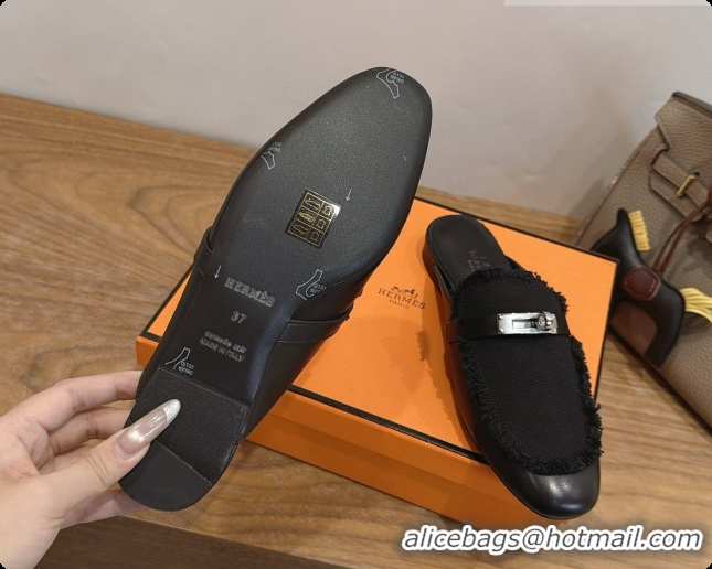 Pretty Style Hermes Oz Mule in Calfskin & Canvas H080521 Black 2026