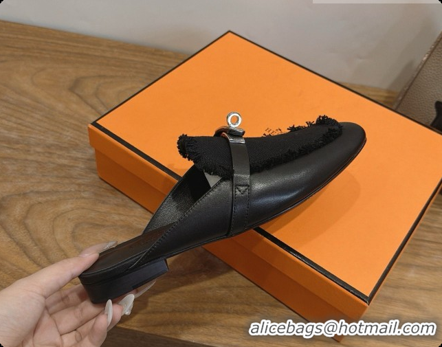 Pretty Style Hermes Oz Mule in Calfskin & Canvas H080521 Black 2026