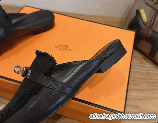 Pretty Style Hermes Oz Mule in Calfskin & Canvas H080521 Black 2026