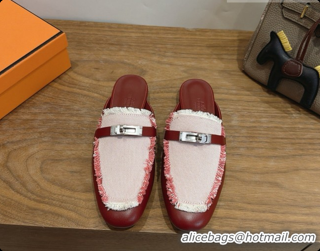 Duplicate Hermes Oz Mule in Calfskin & Canvas H080522 Burgundy 2026