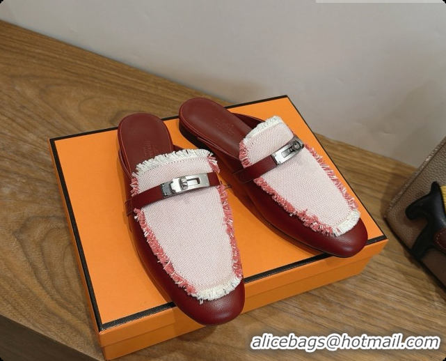 Duplicate Hermes Oz Mule in Calfskin & Canvas H080522 Burgundy 2026