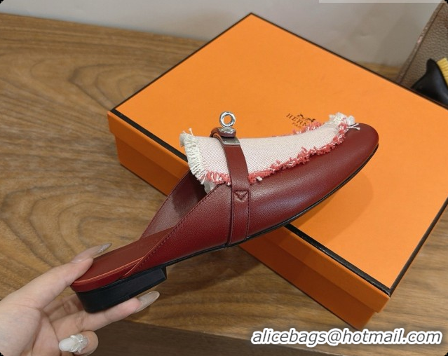 Duplicate Hermes Oz Mule in Calfskin & Canvas H080522 Burgundy 2026