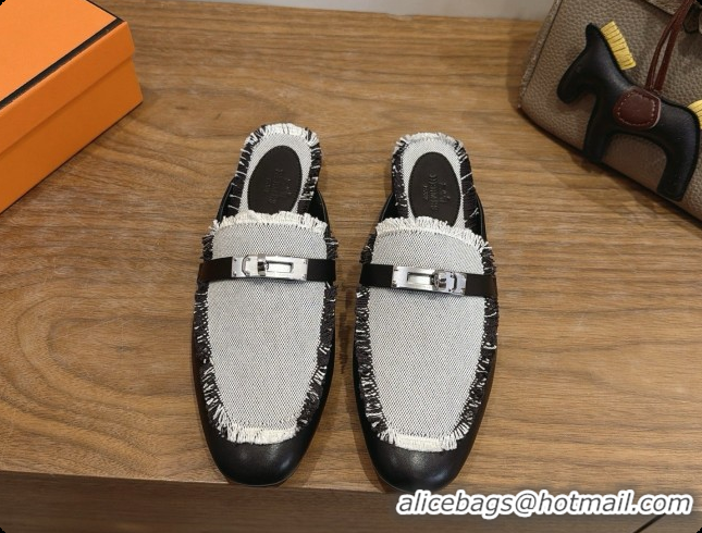 Cheap Price Hermes Oz Mule in Calfskin & Canvas H080523 Black 02 2026