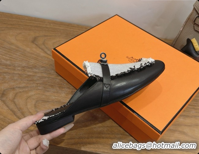 Cheap Price Hermes Oz Mule in Calfskin & Canvas H080523 Black 02 2026