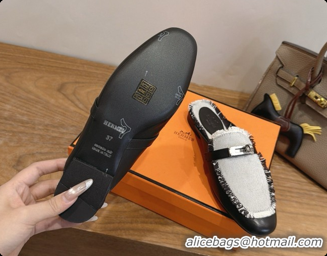 Cheap Price Hermes Oz Mule in Calfskin & Canvas H080523 Black 02 2026
