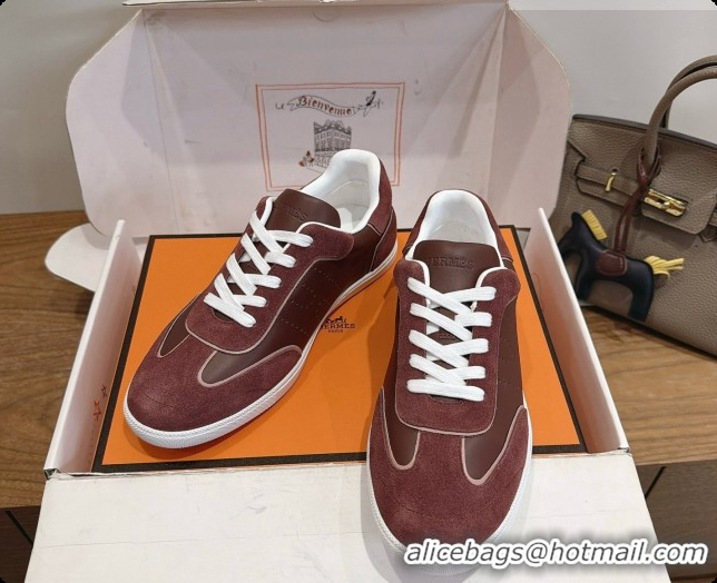 Popular Style Hermes Match Sneakers in Suede and Calfskin H080603 Dark Brown 2026