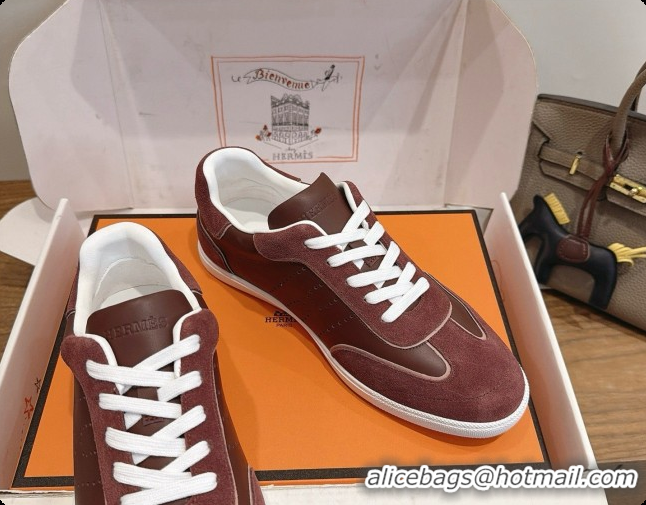 Popular Style Hermes Match Sneakers in Suede and Calfskin H080603 Dark Brown 2026