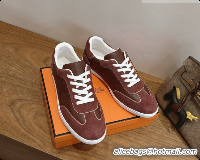Popular Style Hermes Match Sneakers in Suede and Calfskin H080603 Dark Brown 2026