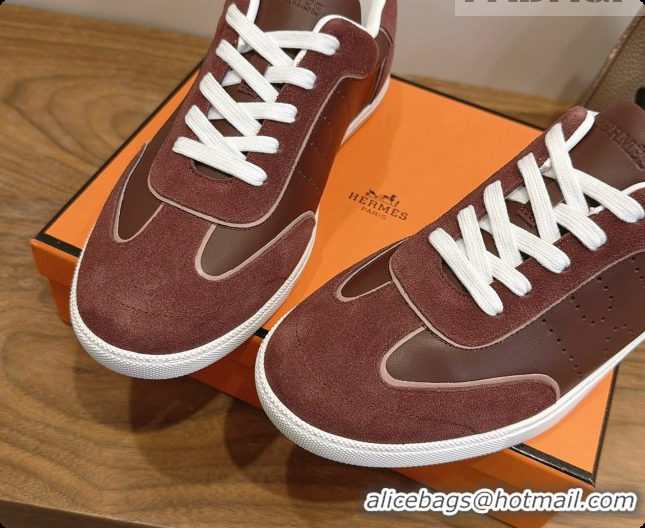 Popular Style Hermes Match Sneakers in Suede and Calfskin H080603 Dark Brown 2026