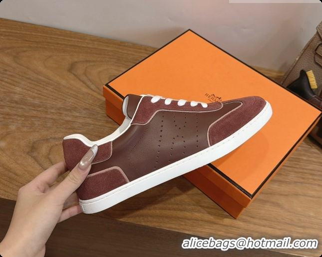 Popular Style Hermes Match Sneakers in Suede and Calfskin H080603 Dark Brown 2026