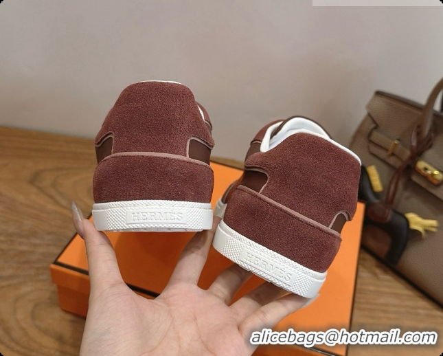Popular Style Hermes Match Sneakers in Suede and Calfskin H080603 Dark Brown 2026