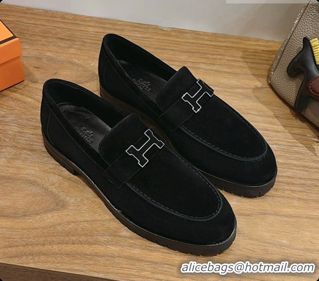 Stylish Hermes Faubourg Loafer in Suede H080630 Black 2026