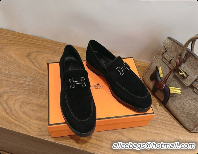 Stylish Hermes Faubourg Loafer in Suede H080630 Black 2026