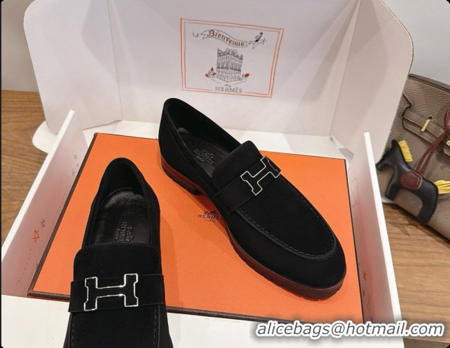 Stylish Hermes Faubourg Loafer in Suede H080630 Black 2026