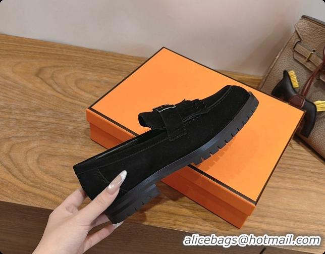Shop Duplicate Hermes Classic Loafer in Suede H080712 Black 2026