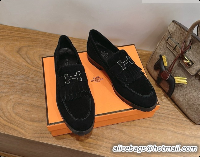 Shop Duplicate Hermes Classic Loafer in Suede H080712 Black 2026