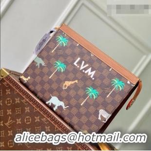 Top Quality Louis Vuitton Pochette Voyage MM x The Darjeeling Limited Clutch Bag in Brown Damier Ebene Heritage Canvas N