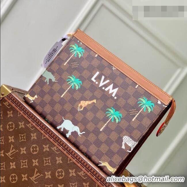 Top Quality Louis Vuitton Pochette Voyage MM x The Darjeeling Limited Clutch Bag in Brown Damier Ebene Heritage Canvas N