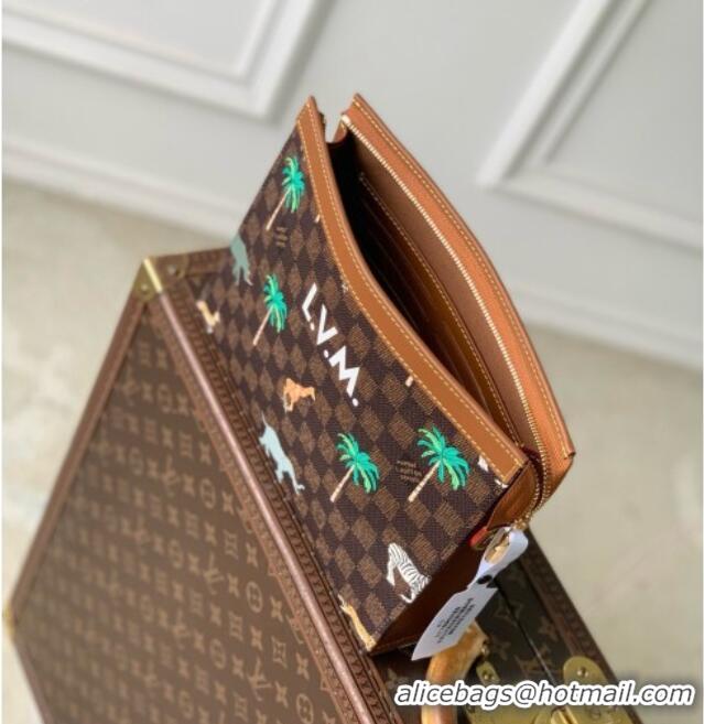 Top Quality Louis Vuitton Pochette Voyage MM x The Darjeeling Limited Clutch Bag in Brown Damier Ebene Heritage Canvas N