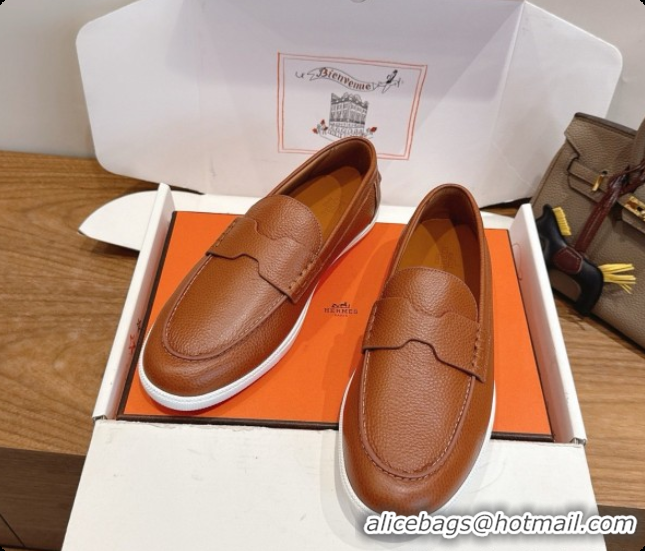 Top Design Hermes Job loafers in grained Calfskin H080732 Brown 2026