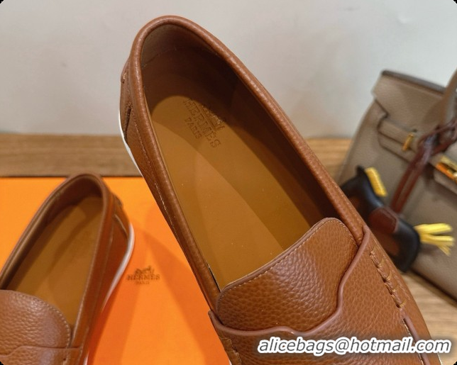 Top Design Hermes Job loafers in grained Calfskin H080732 Brown 2026
