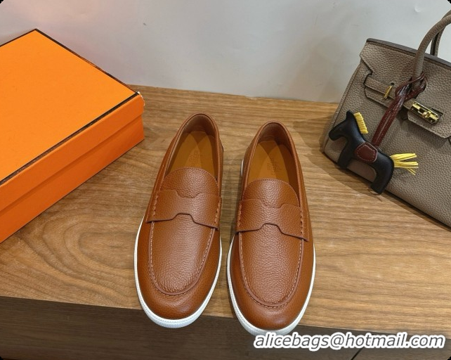 Top Design Hermes Job loafers in grained Calfskin H080732 Brown 2026