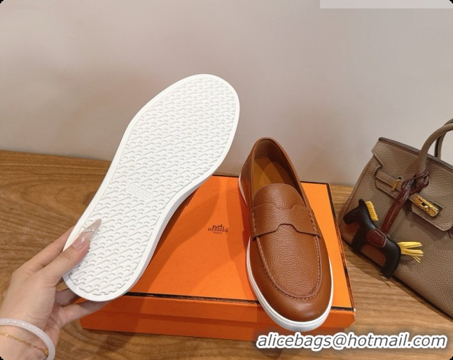 Top Design Hermes Job loafers in grained Calfskin H080732 Brown 2026
