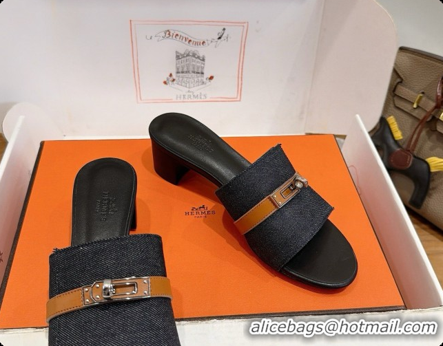 Pretty Style Hermes Gigi 50 Sandal in Black Denim with Kelly Buckle H080747 2026