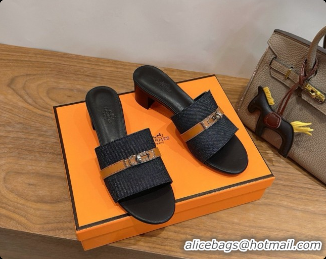 Pretty Style Hermes Gigi 50 Sandal in Black Denim with Kelly Buckle H080747 2026