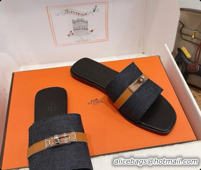 Original Cheap Hermes Giulia Sandal in Black Denim with Kelly Buckle H080754 2026