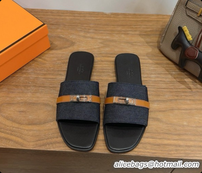 Original Cheap Hermes Giulia Sandal in Black Denim with Kelly Buckle H080754 2026