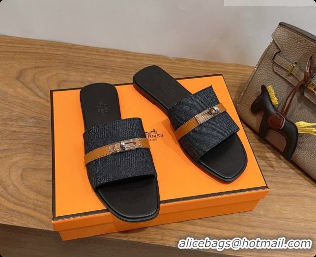 Original Cheap Hermes Giulia Sandal in Black Denim with Kelly Buckle H080754 2026