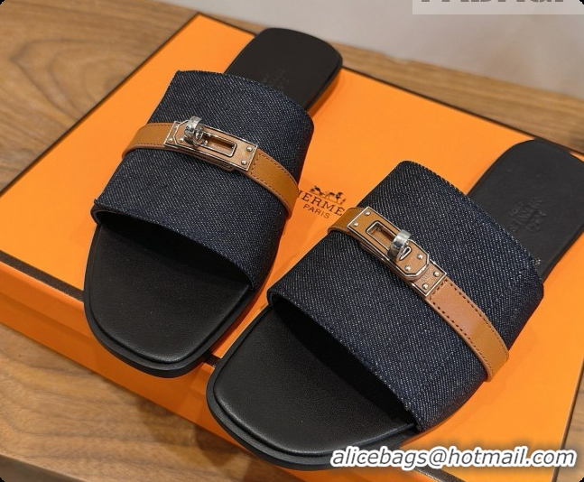 Original Cheap Hermes Giulia Sandal in Black Denim with Kelly Buckle H080754 2026