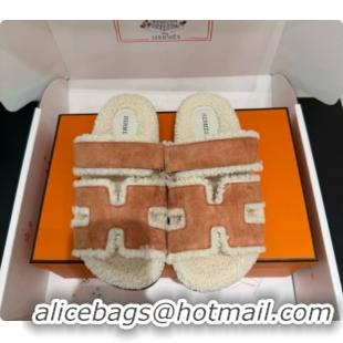 Stylish Hermes Chypre Flat Slides Sandal in Suede and Shearling H082021 Light Brown 2026