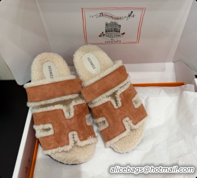 Stylish Hermes Chypre Flat Slides Sandal in Suede and Shearling H082021 Light Brown 2026