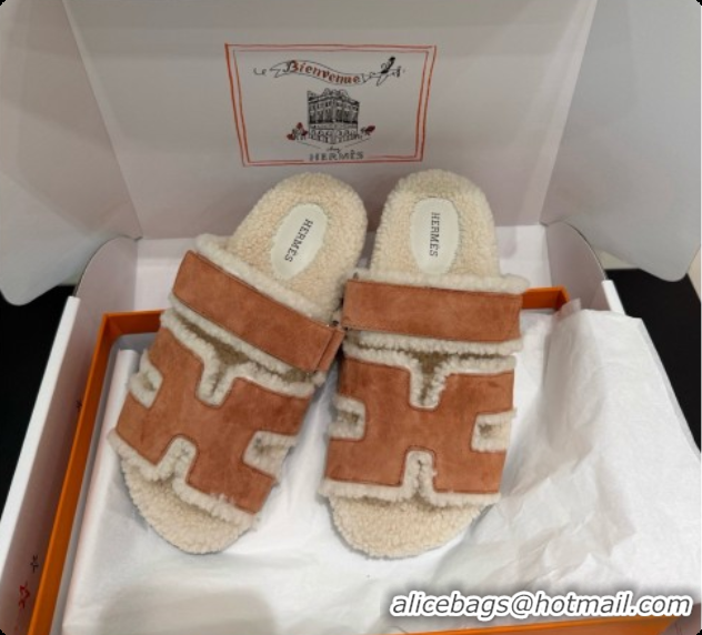 Stylish Hermes Chypre Flat Slides Sandal in Suede and Shearling H082021 Light Brown 2026