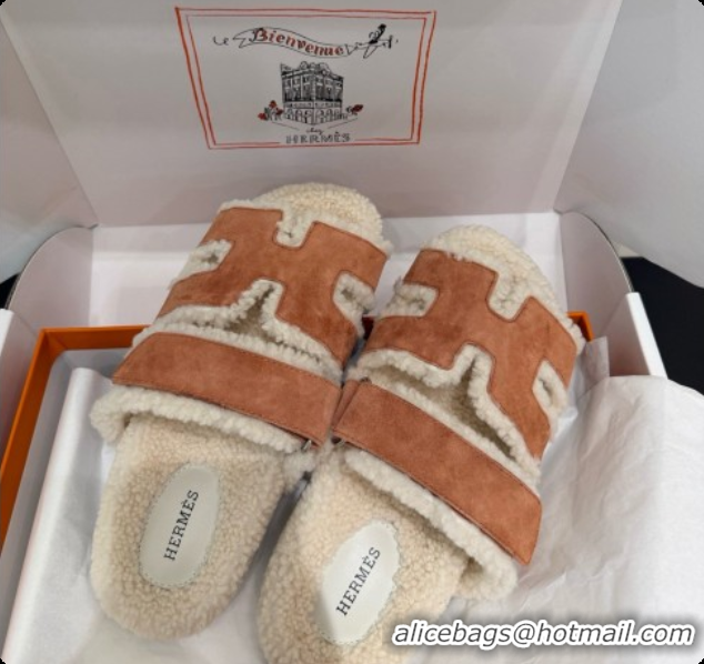 Stylish Hermes Chypre Flat Slides Sandal in Suede and Shearling H082021 Light Brown 2026